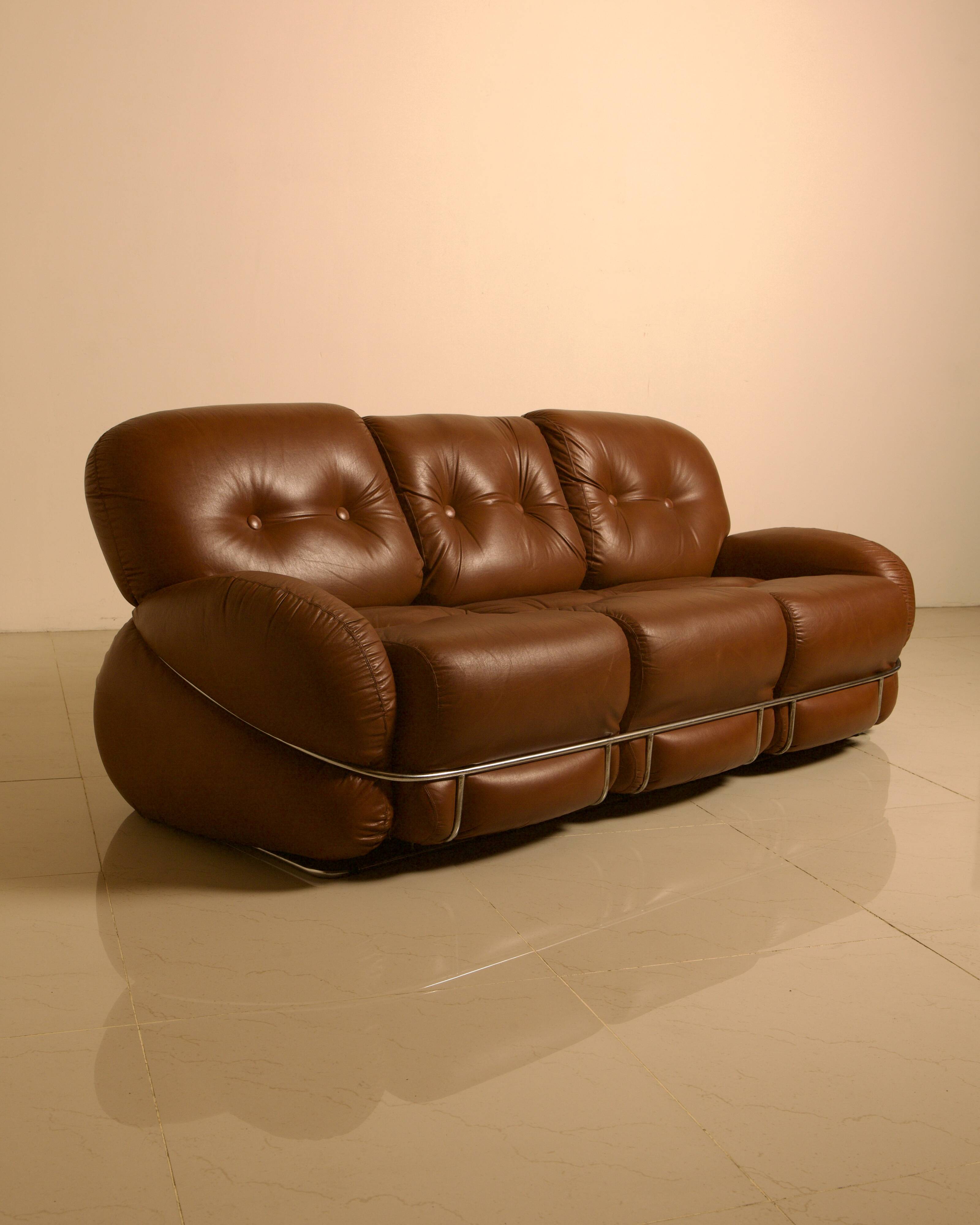 Italian brown leather "Okay" sofa by Adriano Piazzesi 70's