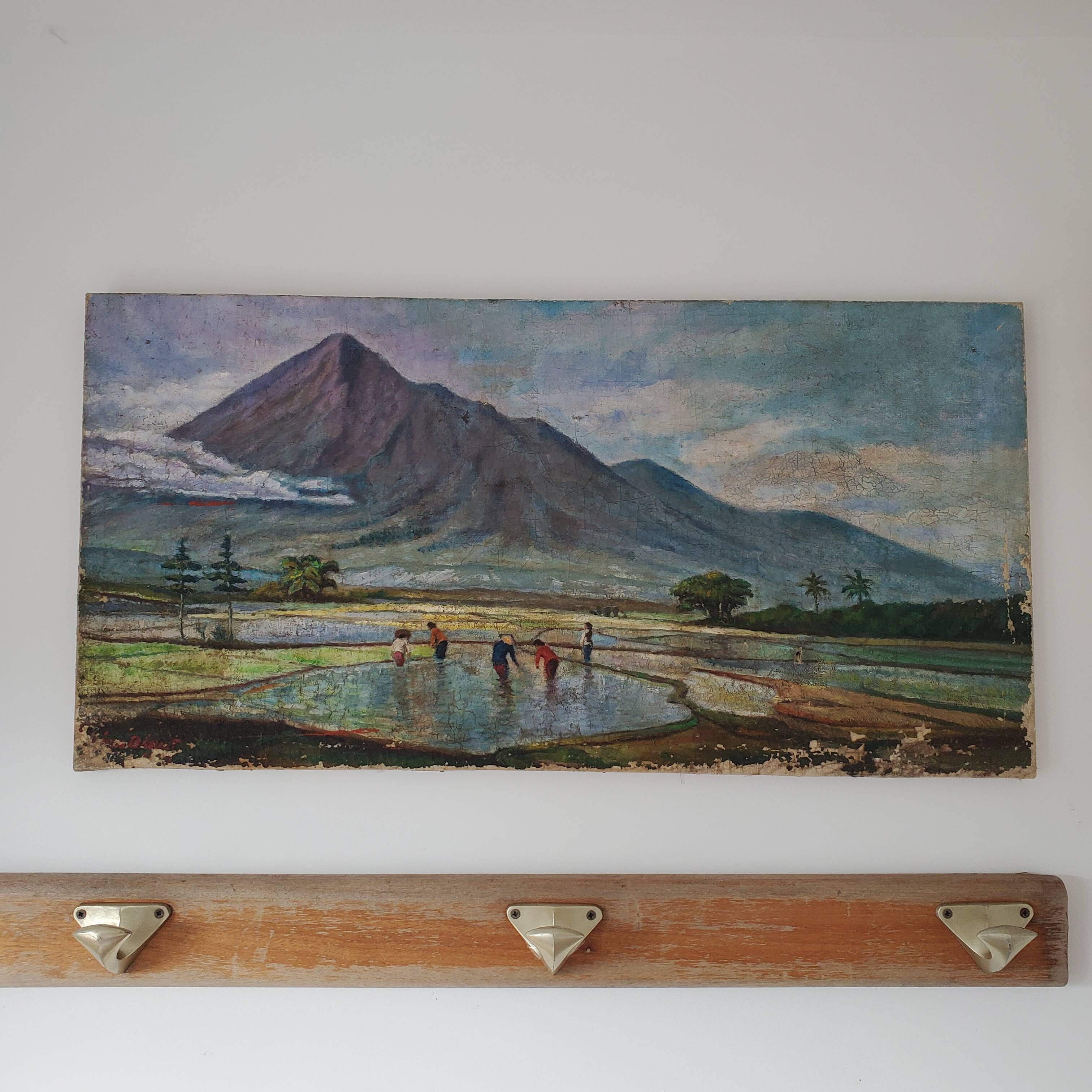Tableau ancien peinture paysage de rizières et montage