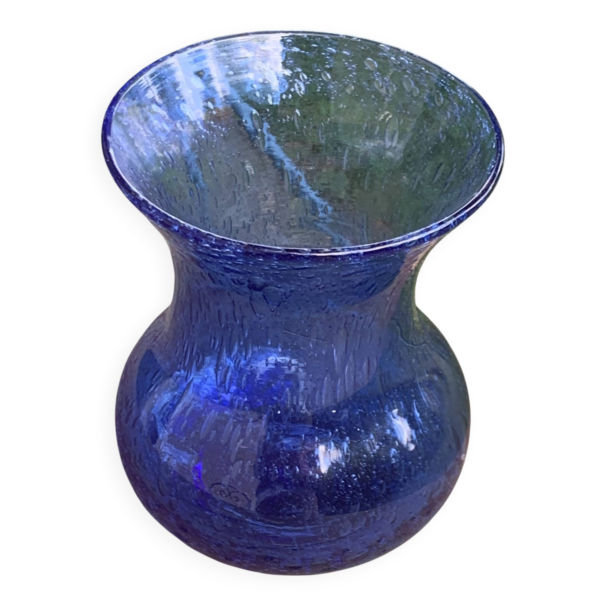 Roman vase in Persian blue blown glass, vintage Biot glassware