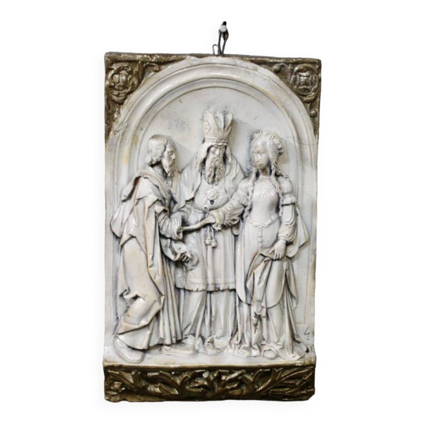 Bas relief scène religieuse en terre cuite