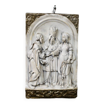 Bas relief scène religieuse en terre cuite