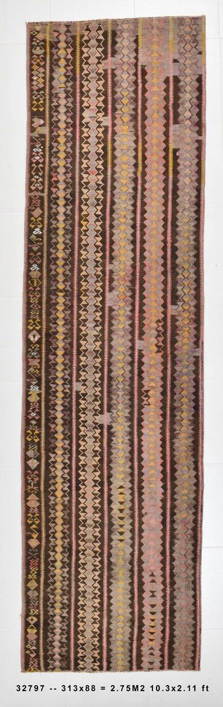3x10 Pink & Brown Tribal Kilim Runner Rug, 88x313Cm
