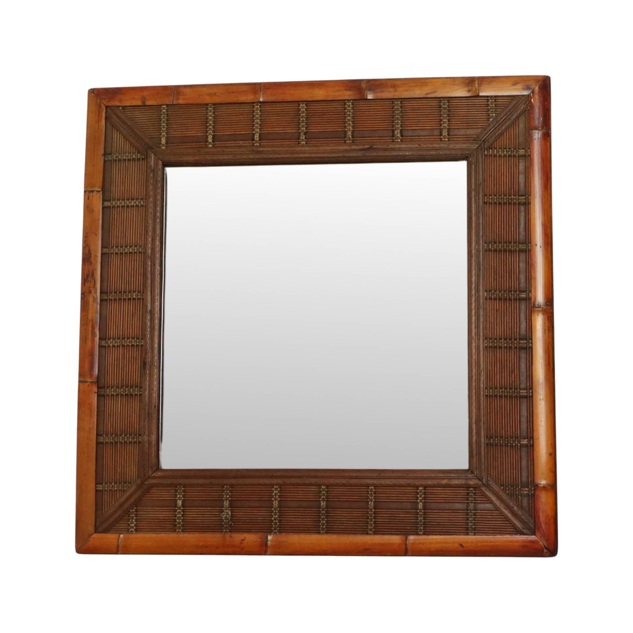 Vintage Square Bamboo and Rattan Mirror Boho 70cm