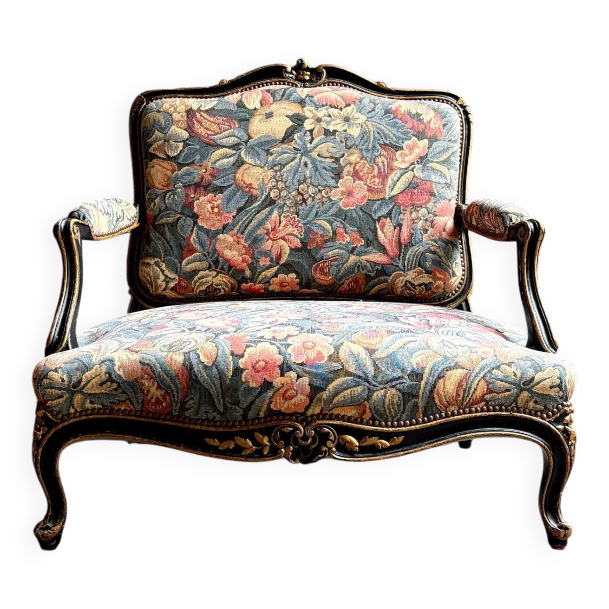 Louis XV style marquise in black and gold wood and jacquard, Napoléon III period.