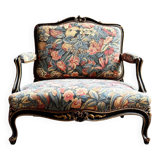 Louis XV style marquise in black and gold wood and jacquard, Napoléon III period.