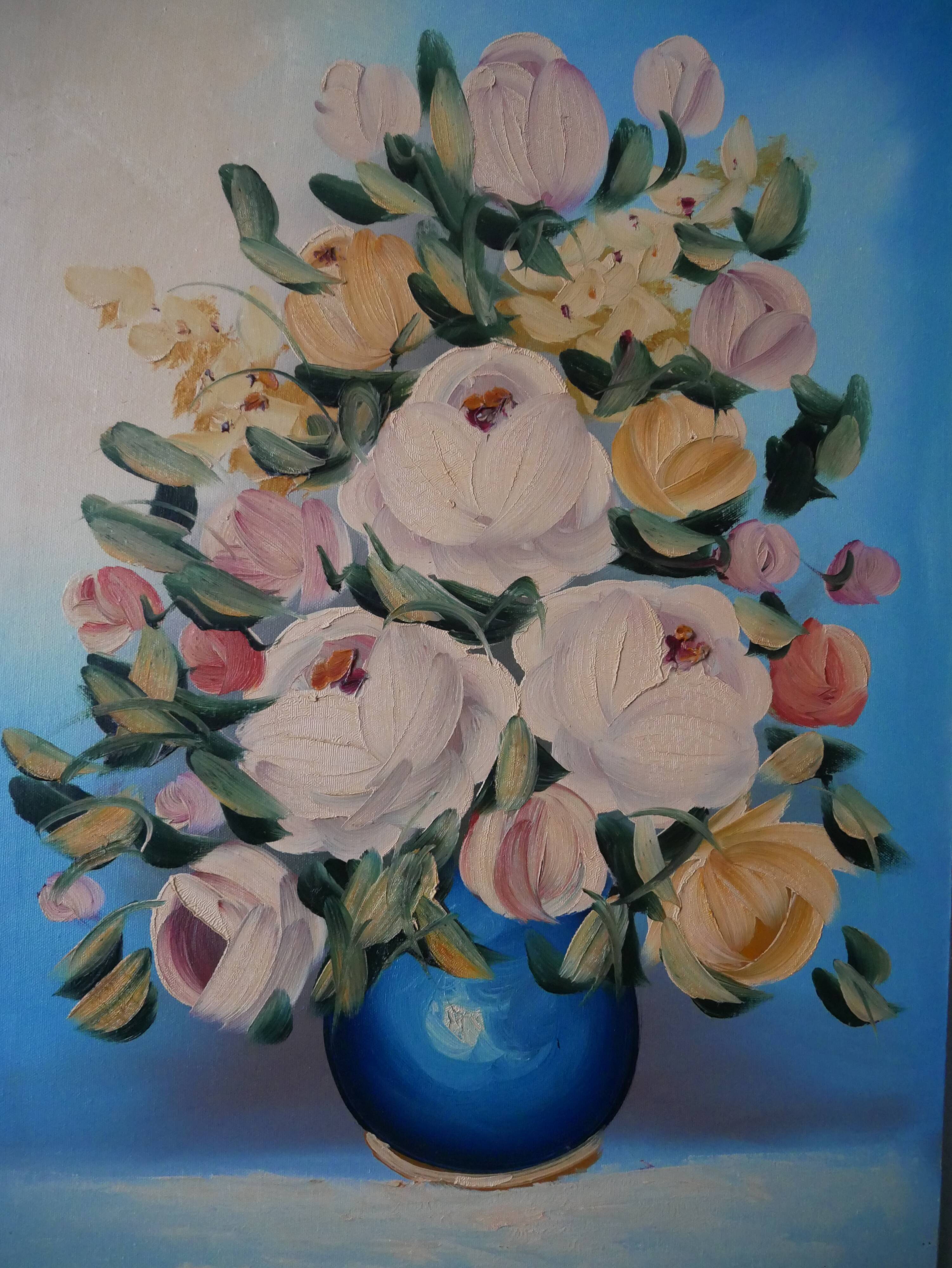 Still life painting bouquet of flowers vintage painted canvas classic decoration bohemian countryside