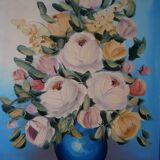 Still life painting bouquet of flowers vintage painted canvas classic decoration bohemian countryside