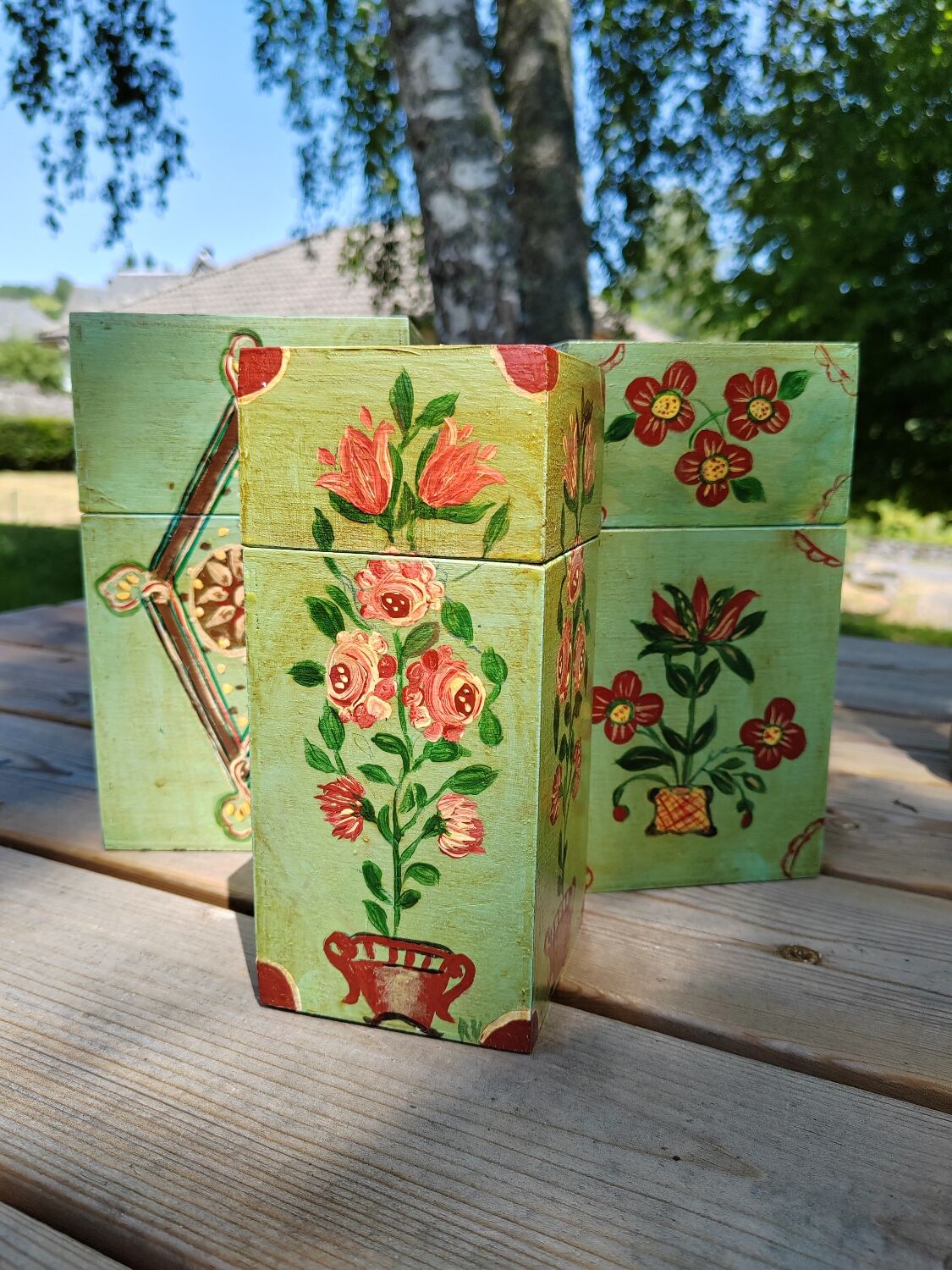 Hand-painted nesting boxes in the 90s