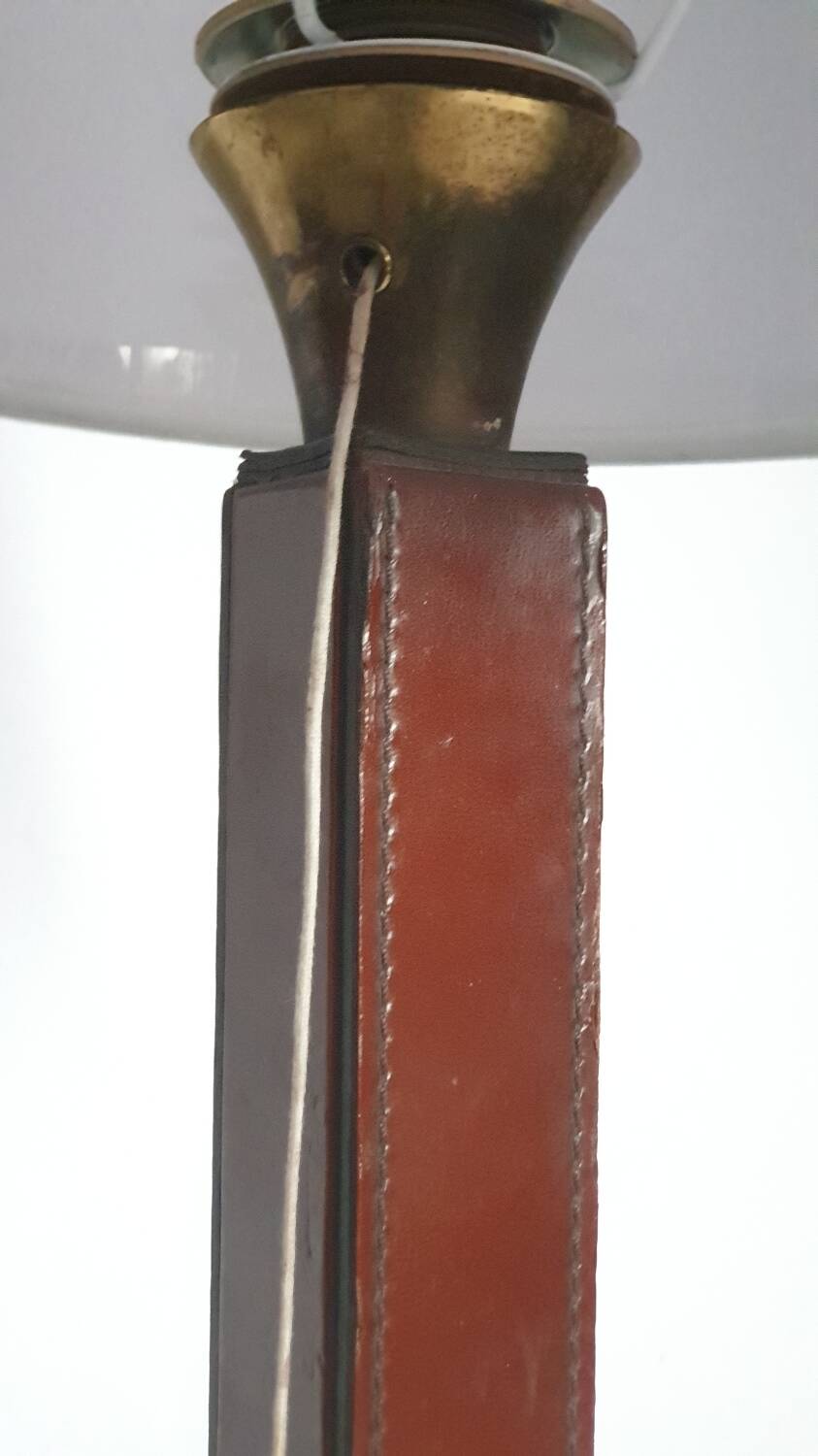 Leather lamp, saddle-stitched, 1960s vintage France.