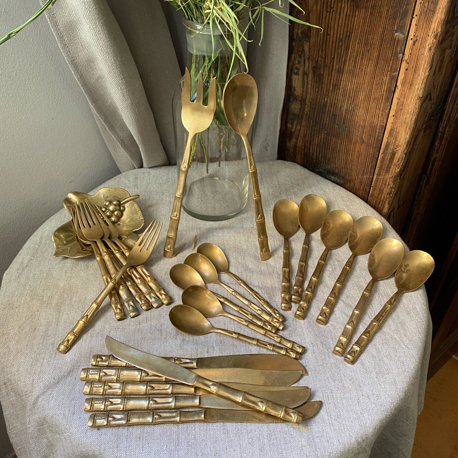 Nickel-plated bronze cutlery set, bamboo style