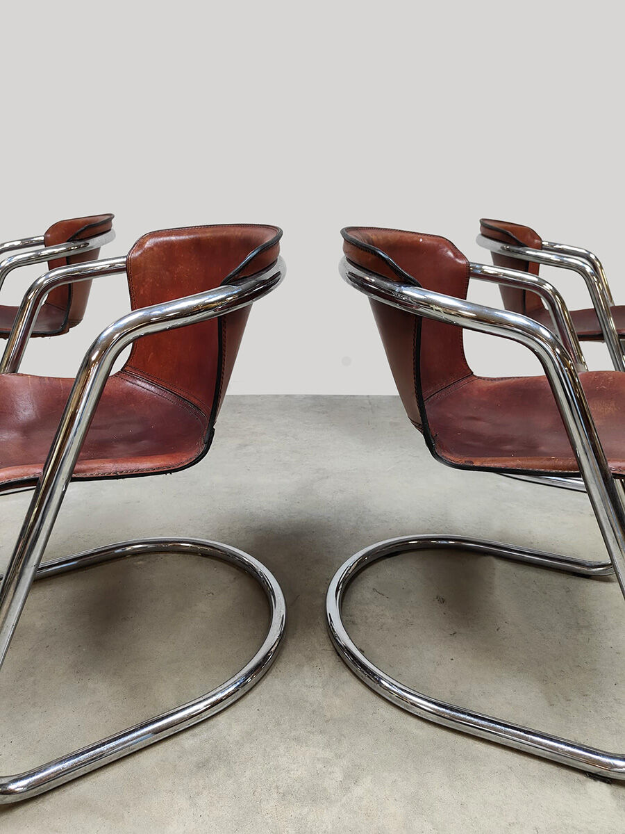 Dutch design vintage tubular chrome leather dining chairs Metaform