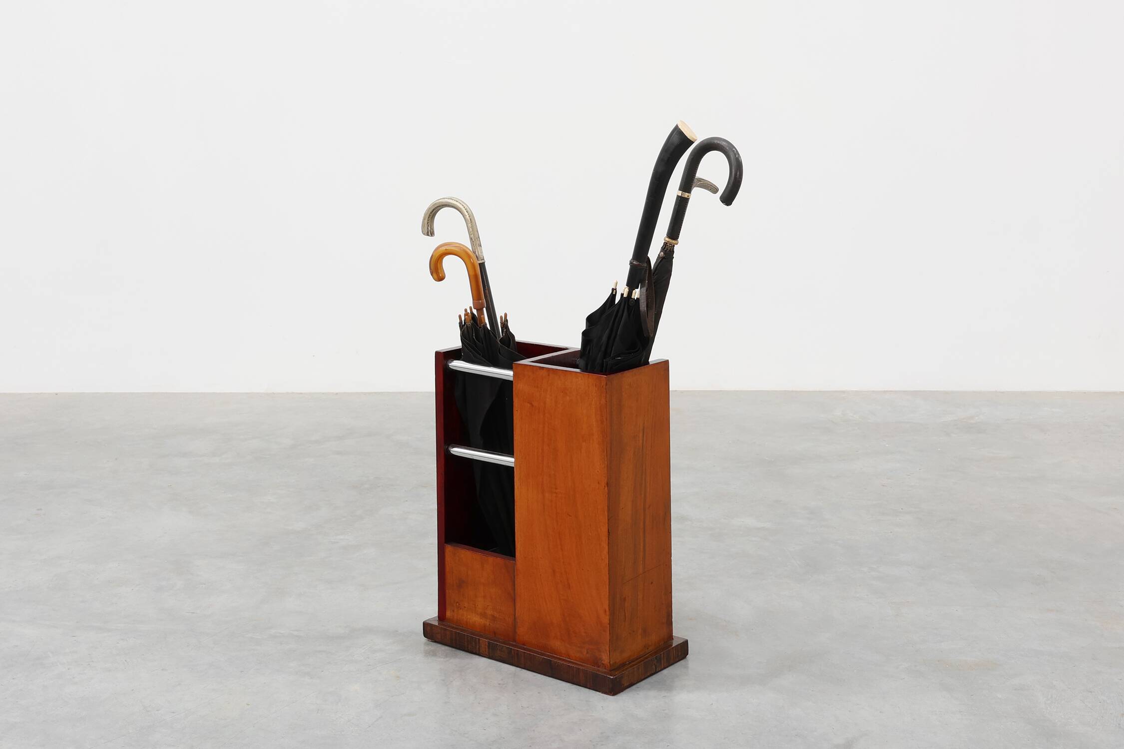 Early Art Deco umbrella stand in wood and metal, France ca. 1910