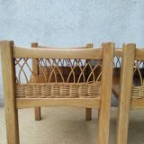 Pair of wooden and rattan bedside tables