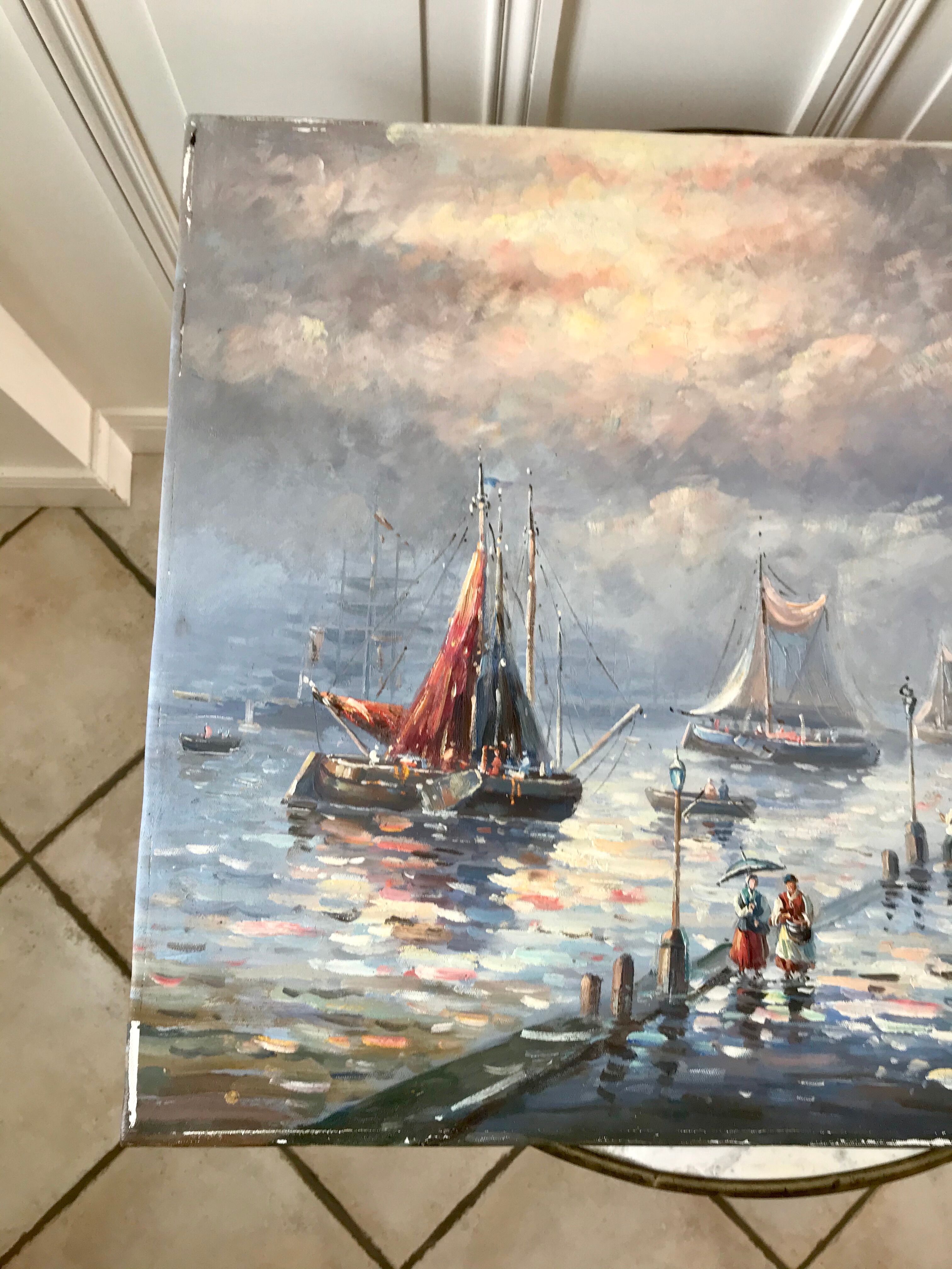 Painting seascape sailboats signed vintage