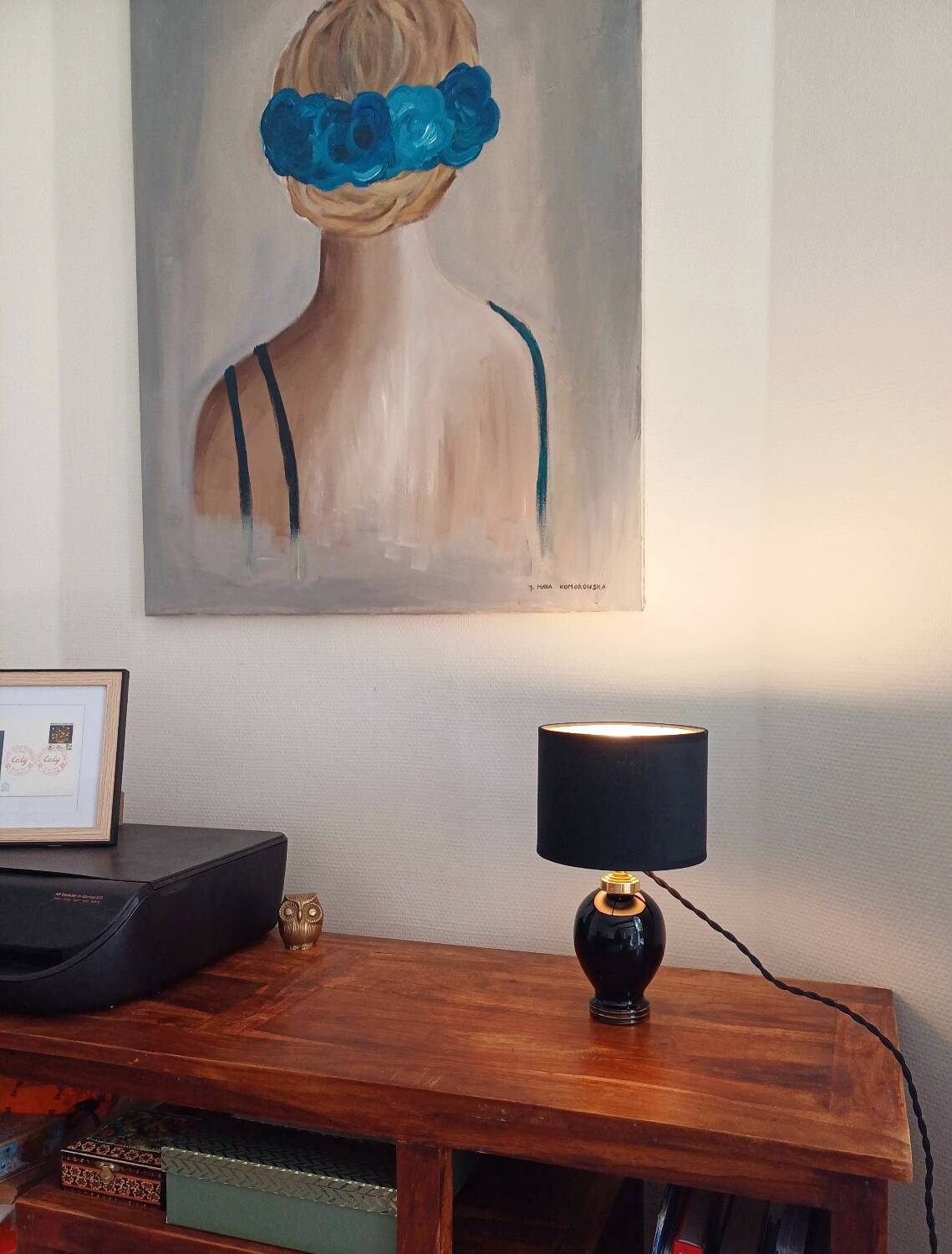 Lampe de table vintage en opaline noire avec abat-jour en velours neuf