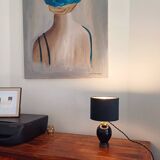 Lampe de table vintage en opaline noire avec abat-jour en velours neuf