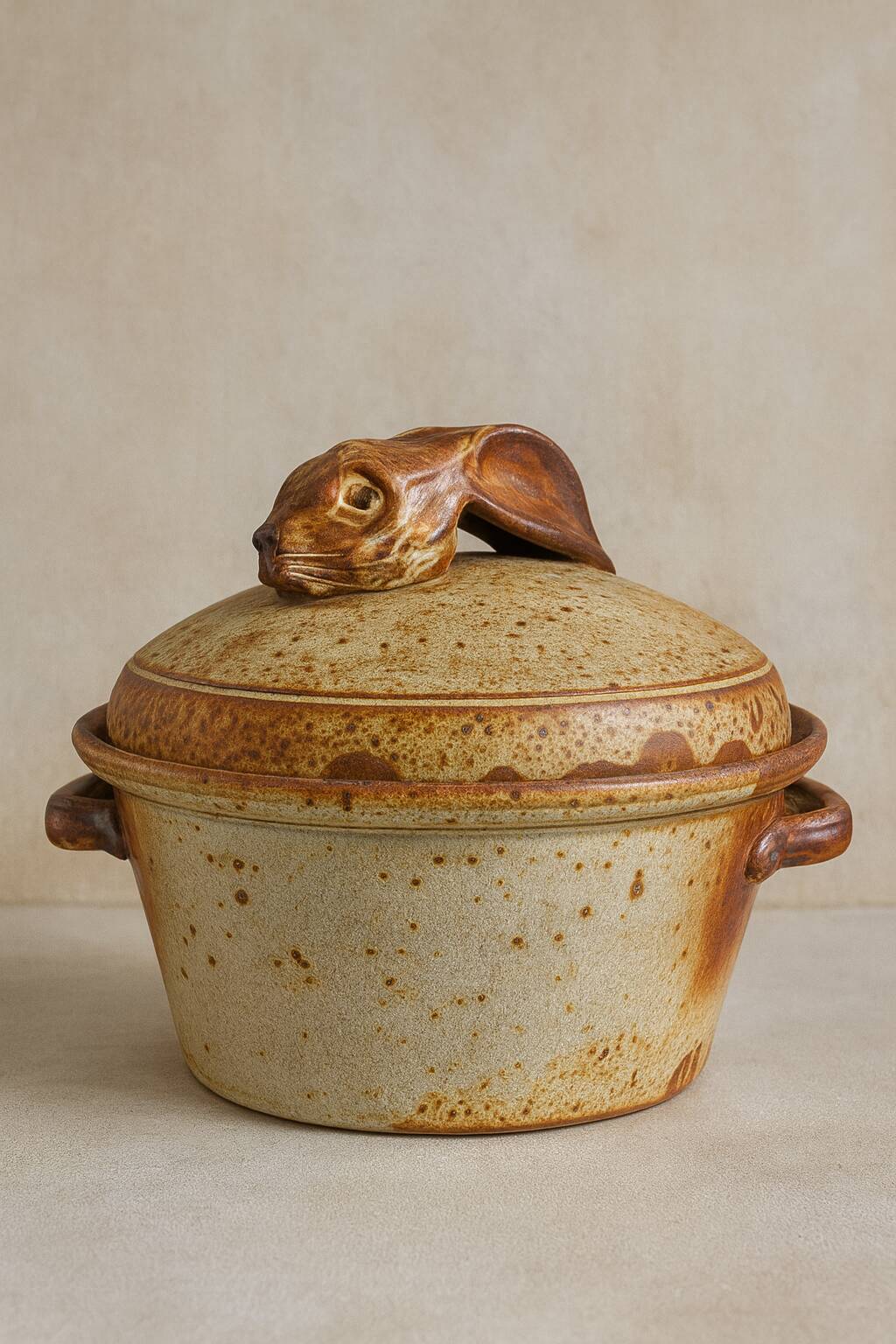 Terrine, stoneware casserole dish with hare decoration, 1970s-80s