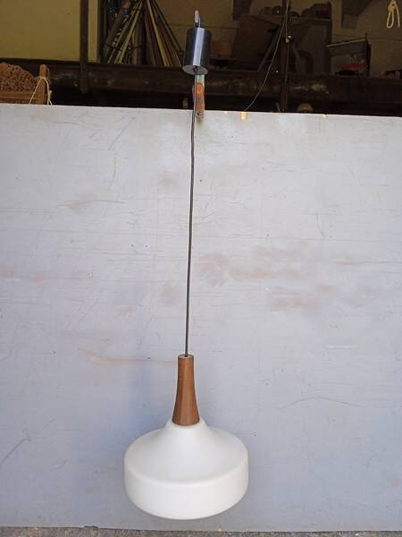 Louis Kalff pendant lamp ep 1960 Scandinavian glass and teak