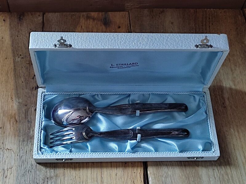 Cutlery baptism fork spoon silver metal box old box