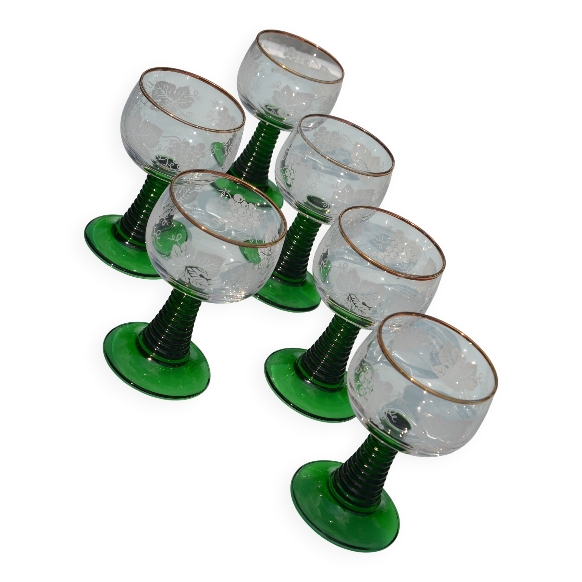 6 verres gravés Roemer sur pied torsadé