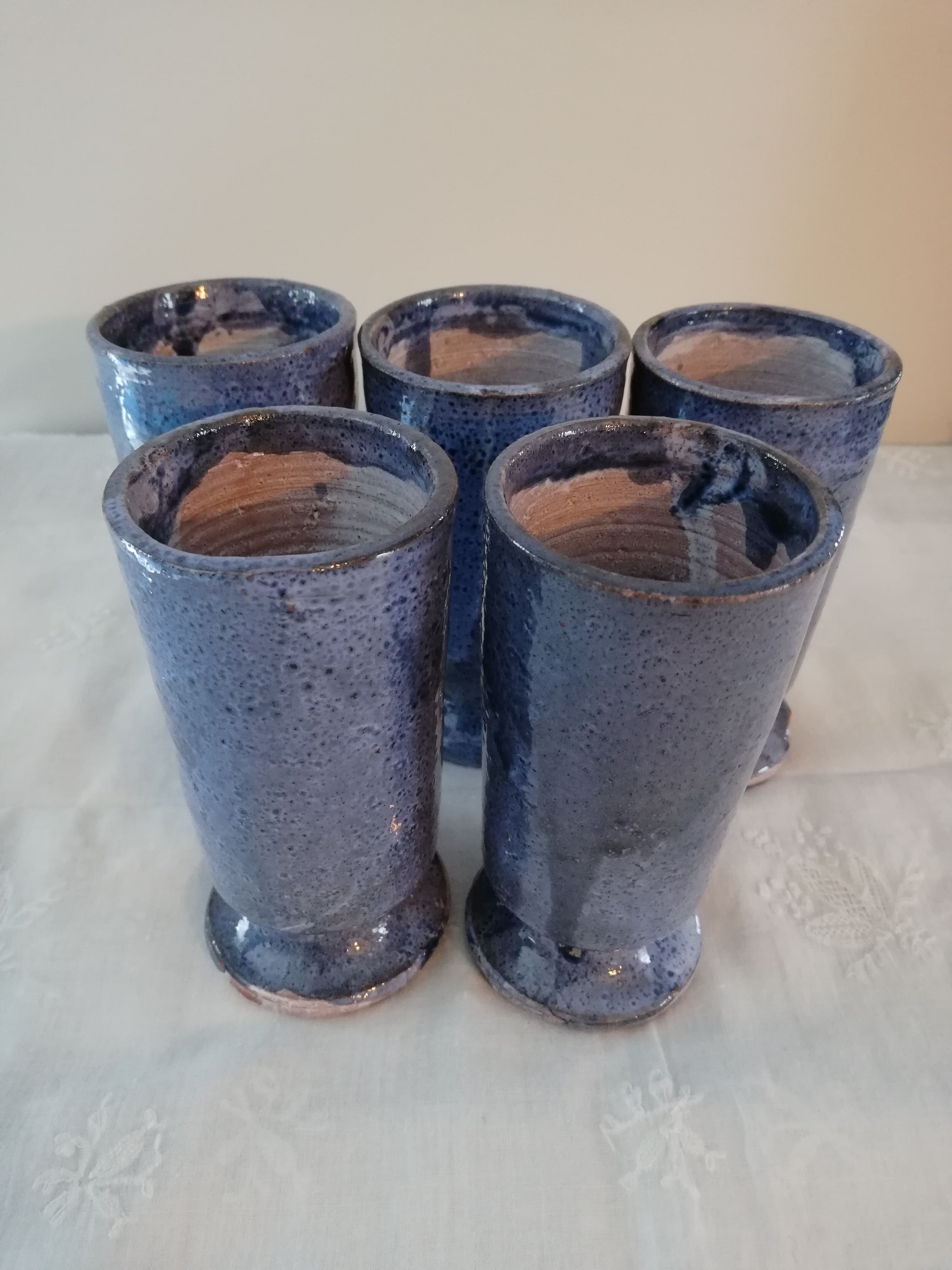 Set of 5 blue mazagrans in glazed stoneware