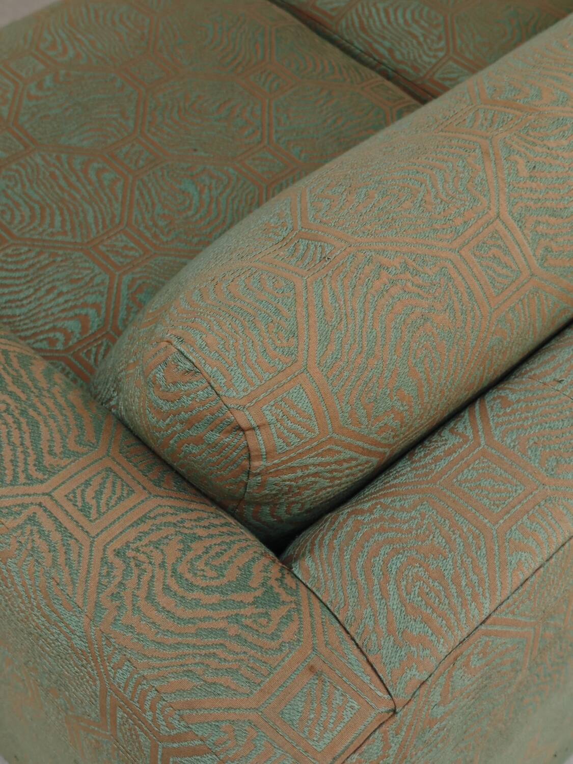 Pierre Frey modernist bench in green and gold patterned fabric