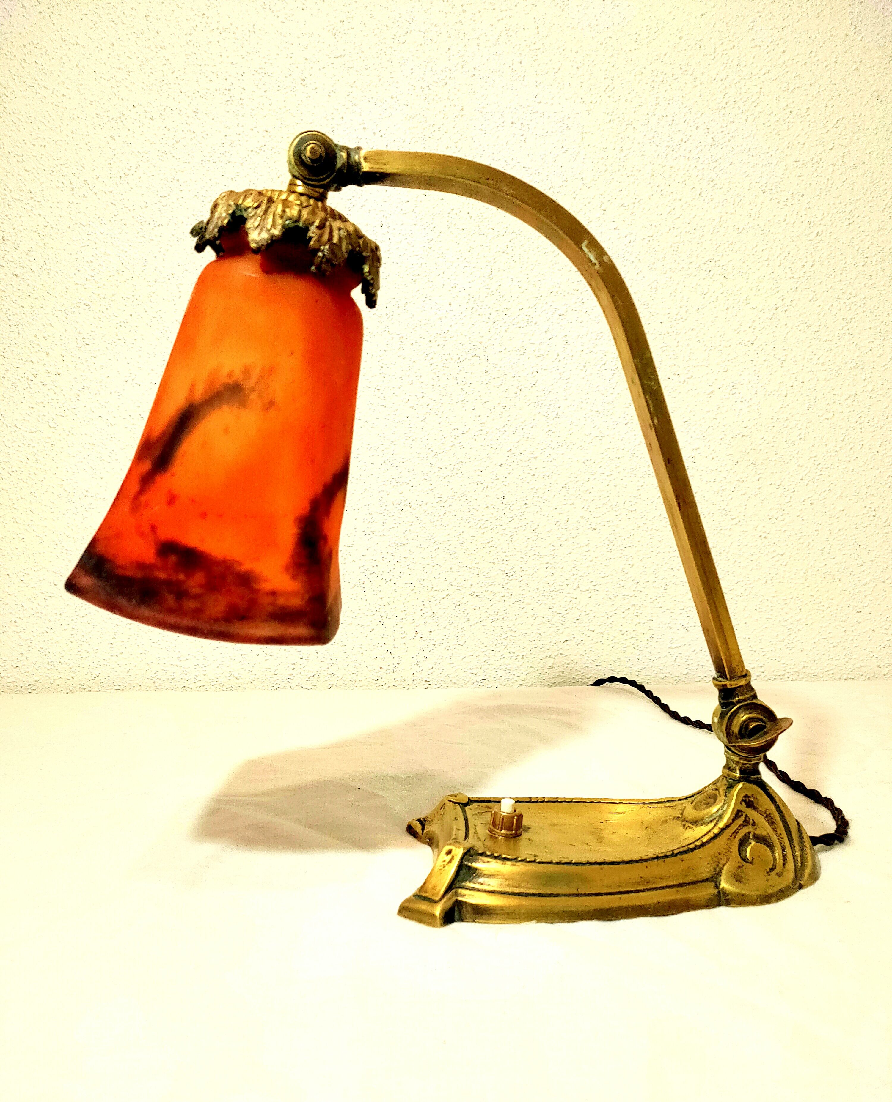 Art-nouveau lamp articulable bronze foot with glass paste shade muller lunéville