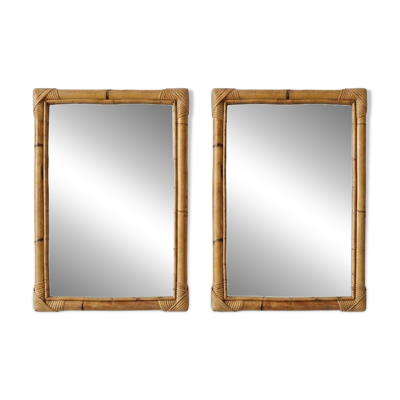 Paire de miroirs vintage en bambou et rotin