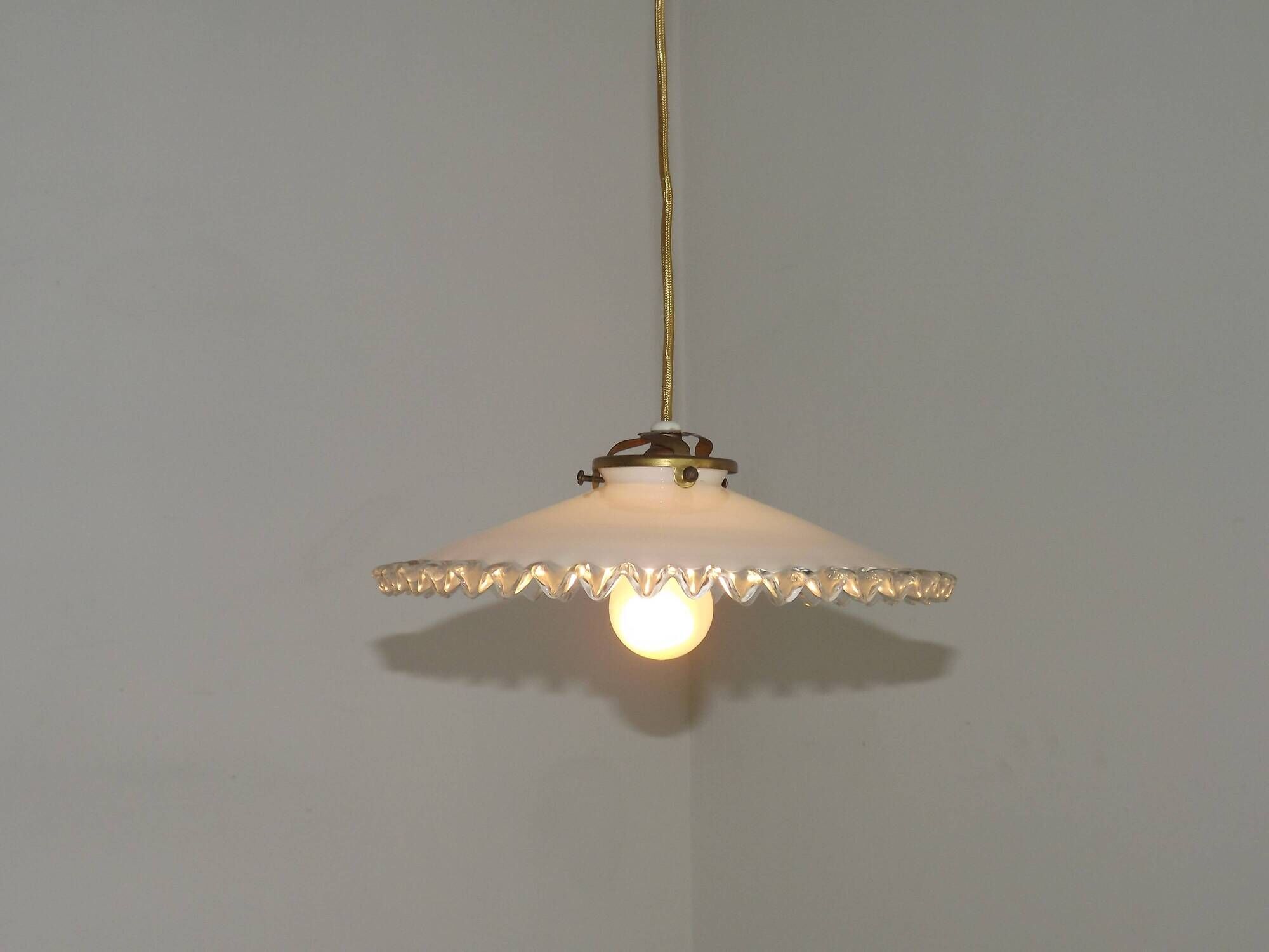 Vintage French White Opaline Glass Pendant Light Clear Glass Edge 5405