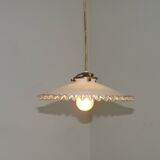 Vintage French White Opaline Glass Pendant Light Clear Glass Edge 5405