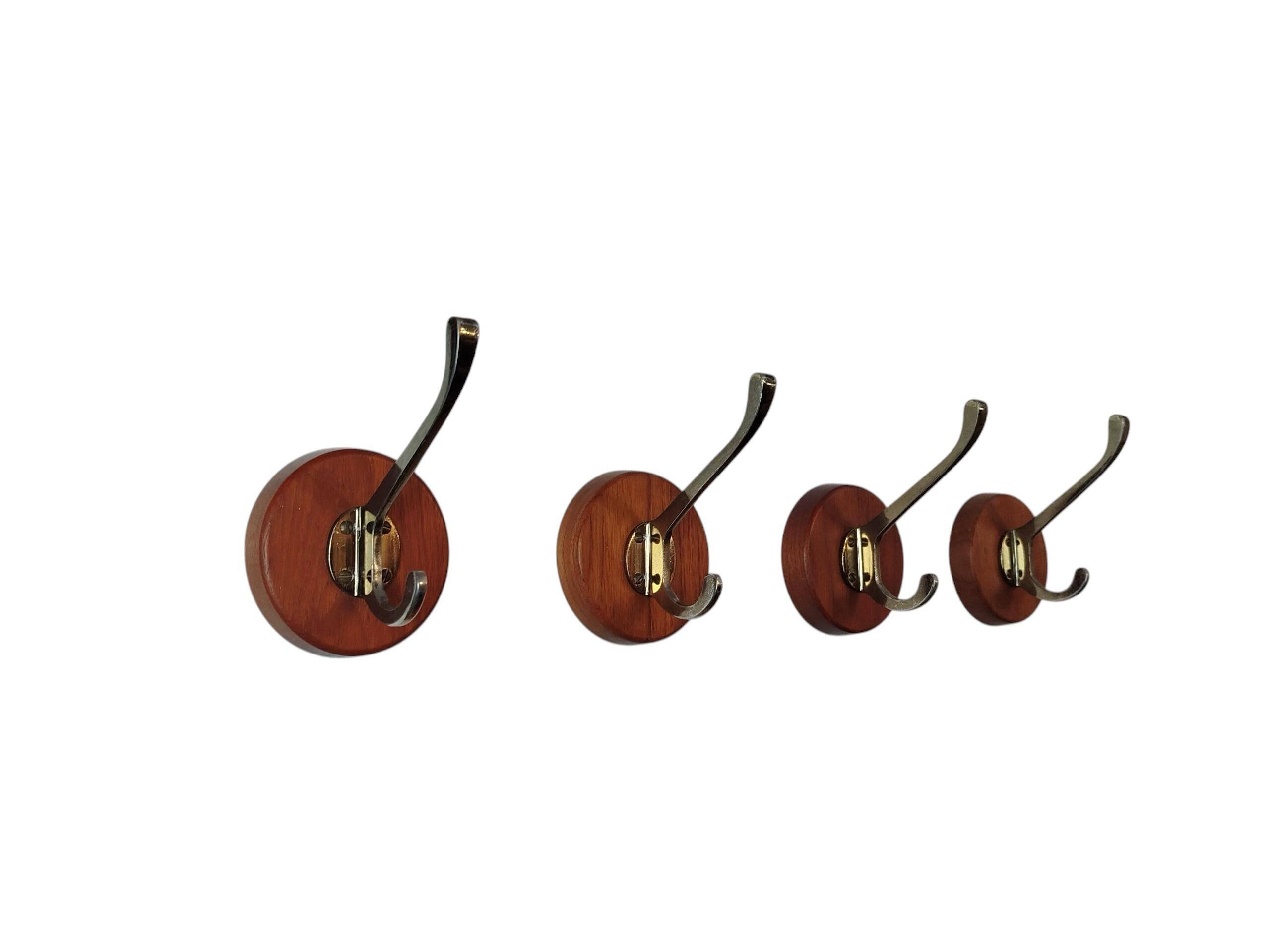 Set of 4 teak and brass coat hooks, Denmark 1960s