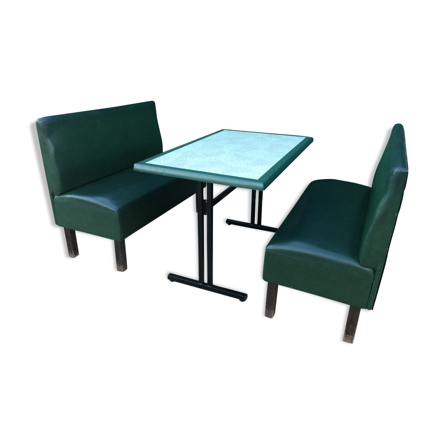 Set of two bistro banquettes plus table