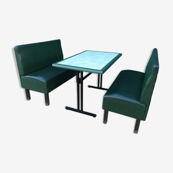 Set of two bistro banquettes plus table