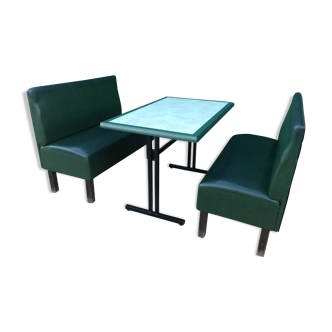 Set of two bistro banquettes plus table