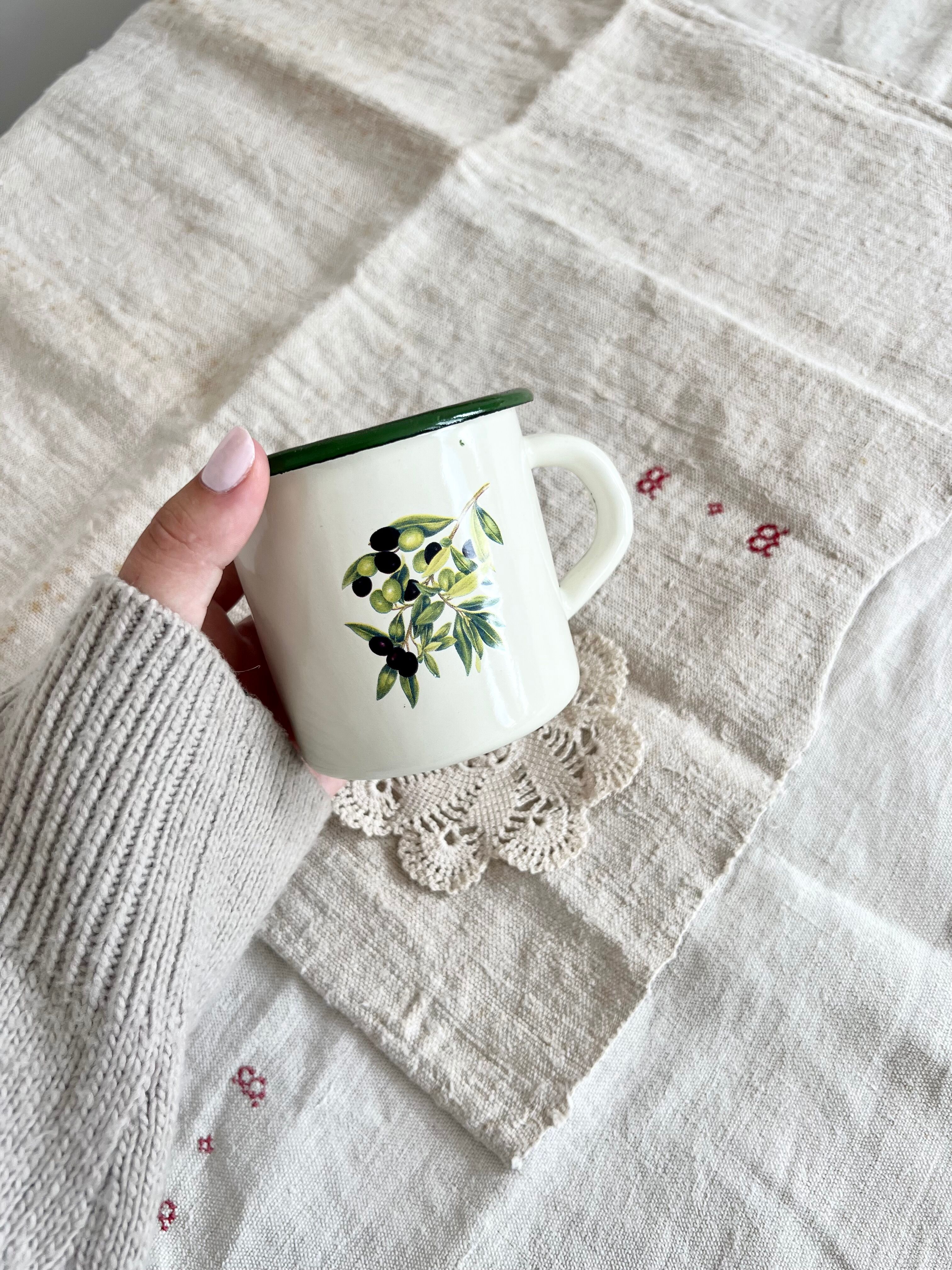 Vintage beige enamelled cup green border olive branch pattern rustic style