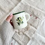 Vintage beige enamelled cup green border olive branch pattern rustic style