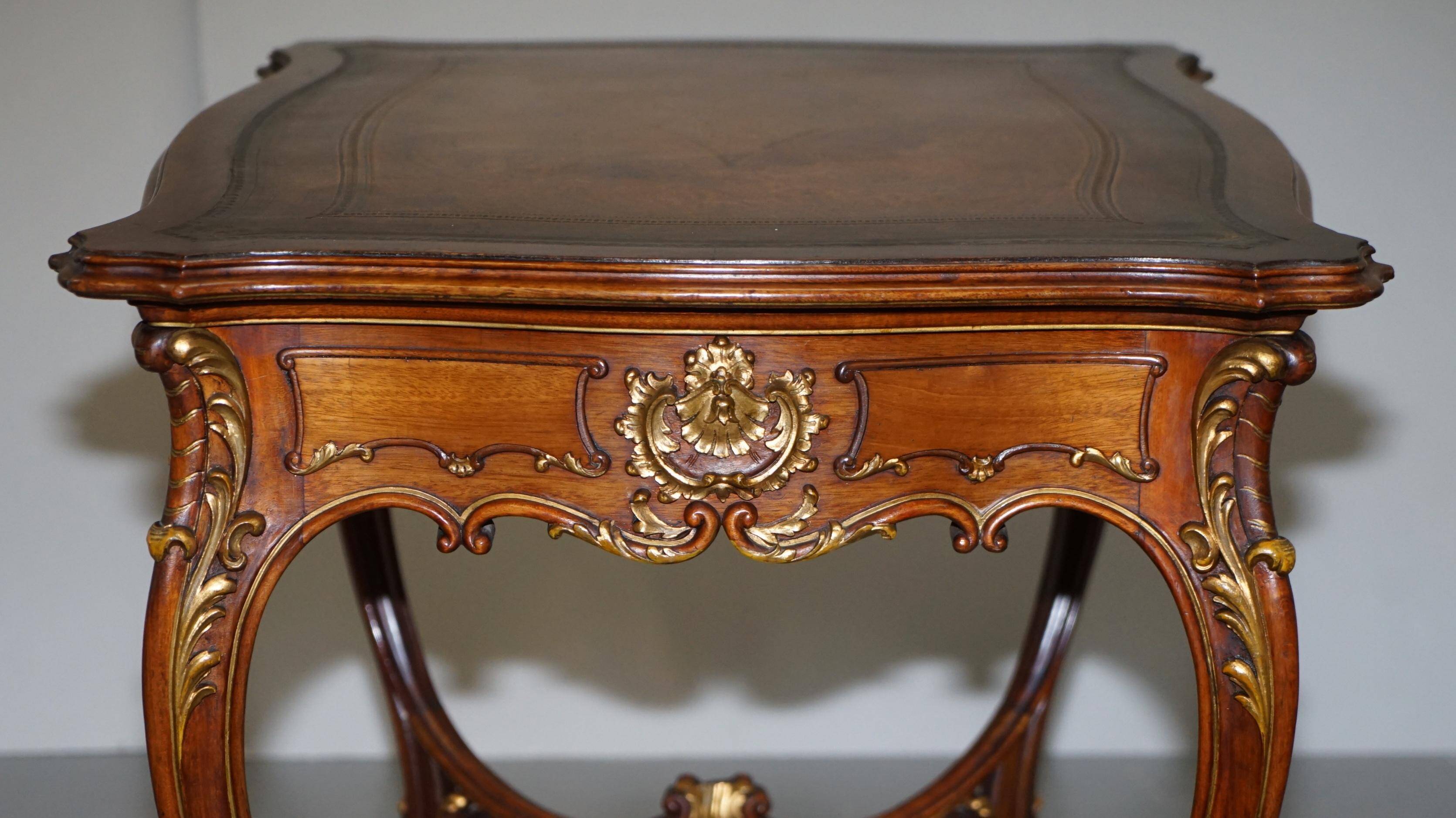 Pine desk with leather and gilding, late Victorian period around 1900.