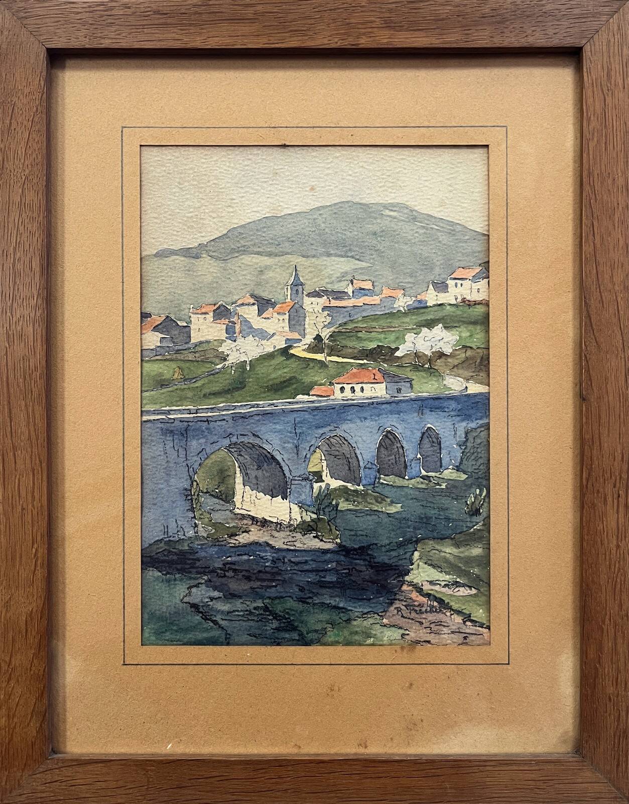 Watercolour painting of a village and aqueduct from the early 20th century, signed + frame.