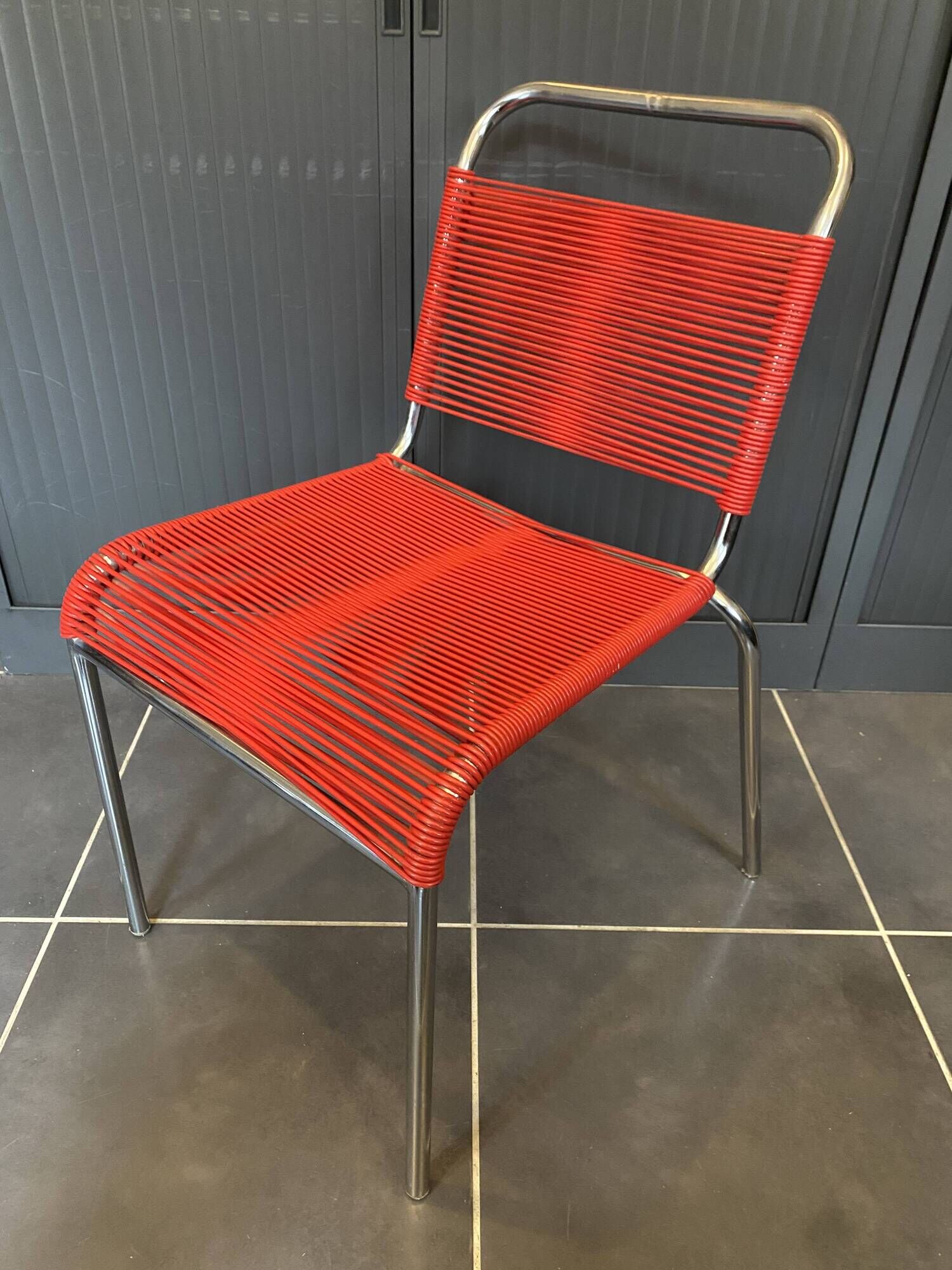 Scoubidou chair or vintage 1960 red chrome spaghetti chair