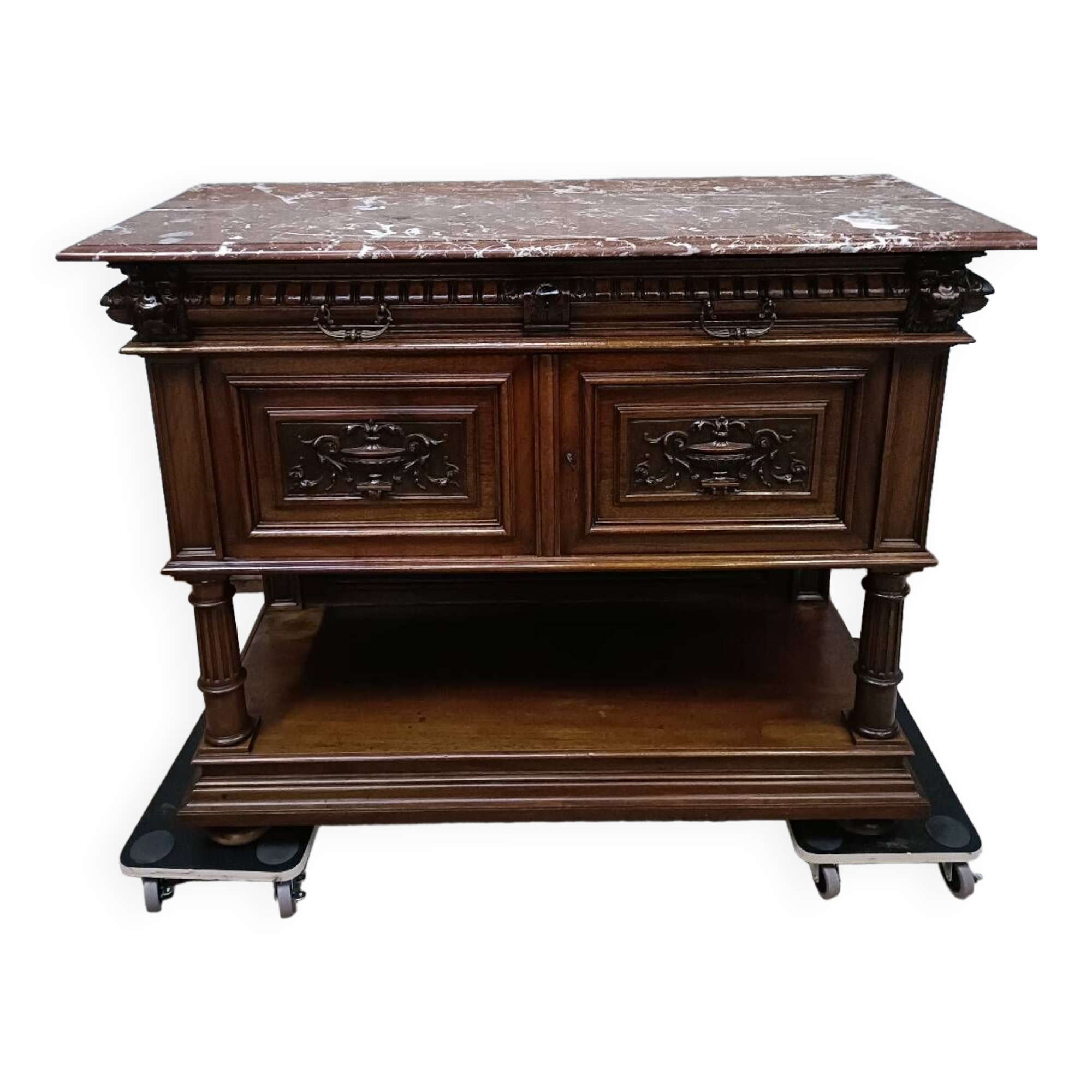 Solid walnut sideboard, Henri II style, Renaissance, with pink and white marble top