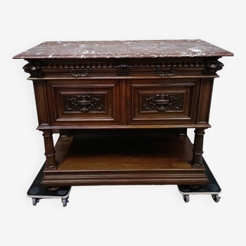 Solid walnut sideboard, Henri II style, Renaissance, with pink and white marble top