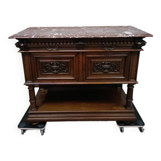 Solid walnut sideboard, Henri II style, Renaissance, with pink and white marble top