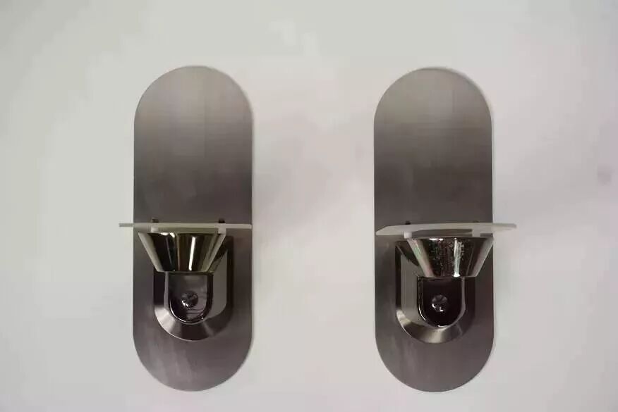 Pair of stainless steel and glass wall lights