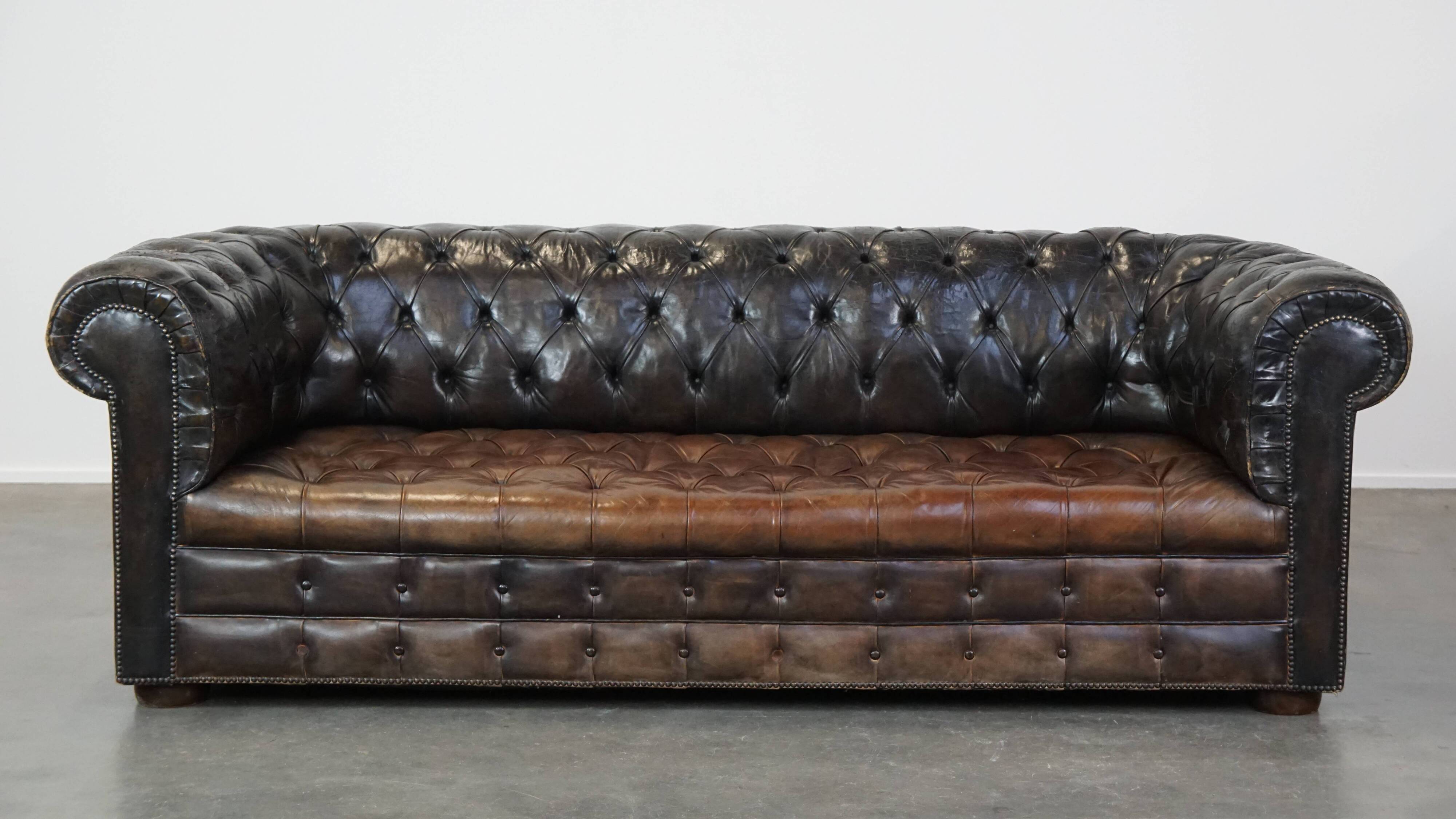 Canapé chesterfield 3 places en cuir de vachette patiné