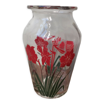 Vase en verre moulé sérigraphié vintage fleur