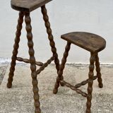 Set of 2 high and low tripod stools with turned legs, vintage plant holder, 1960s