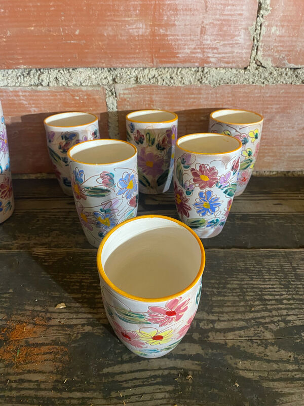Service à orangeade, pichet et 6 verres Vallauris en céramique fleurs