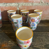Orangeade Service VALLAURIS Ceramic Flowers Pitcher + 6 Vinta Glasses