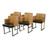Set of 6 designer armchairs in oak and leather from the 1980s.