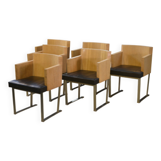 Set of 6 designer armchairs in oak and leather from the 1980s.
